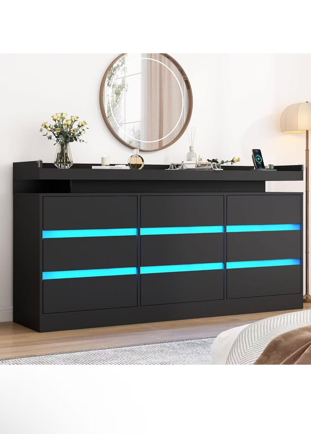 ❤️ 9 Drawer Dresser with Power Outlet & LED Light, Modern Chest of Drawers for Closet Modern Large Dresser Organizer Cabinet for Bedroom, Living Room,