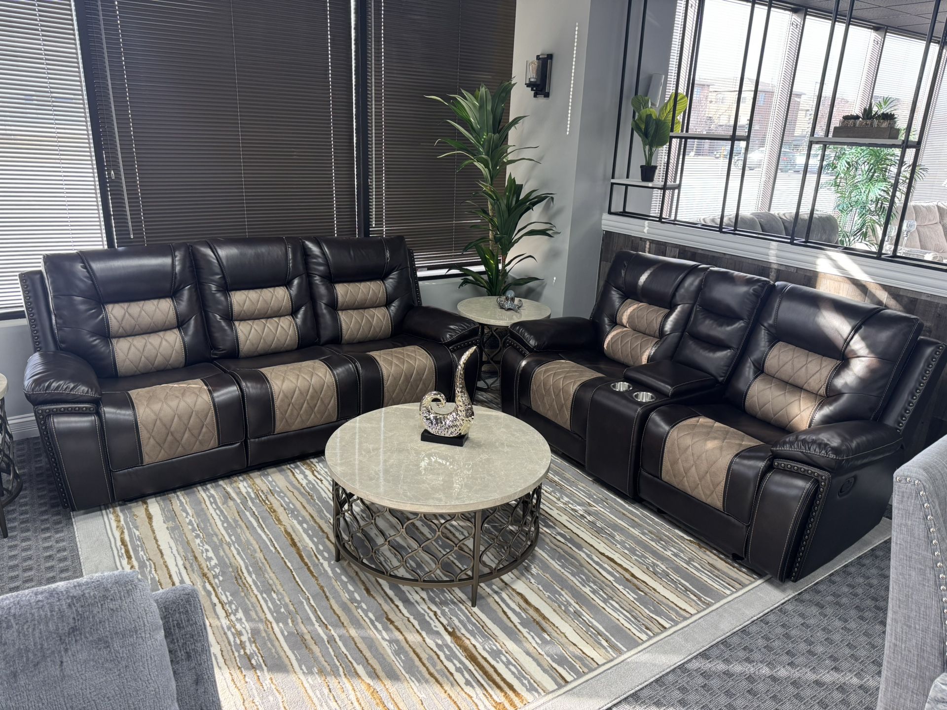 Brand New Chocolate Brown Leather Reclining Sofa And Love Seat