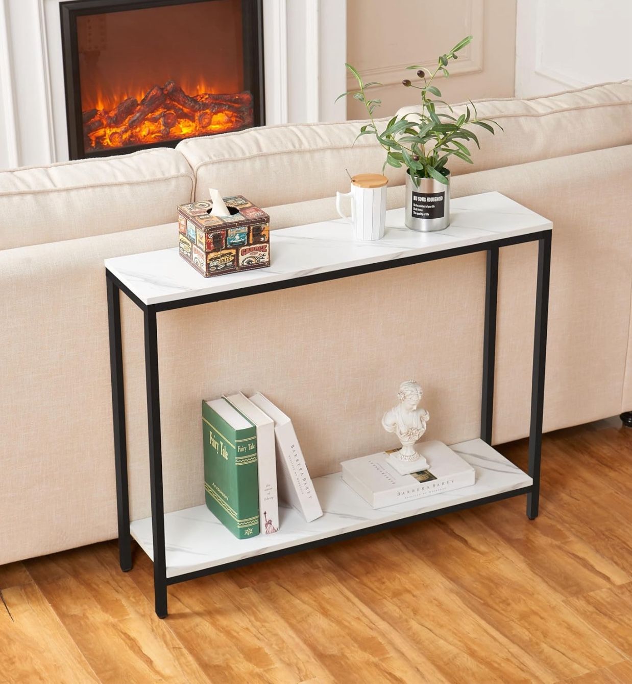 loglus Console Table for Entryway, Faux Marble MDF Sofa Table with Golden Frame (Double Layer, Black Frame)