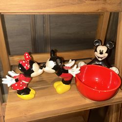 Disney salt and pepper shaker and Mickey Mouse bowl