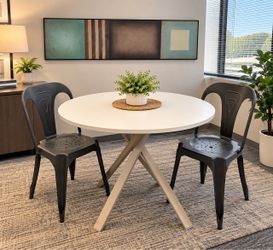 ILEA Round White Dining Table, 2 Metal Chairs & frame