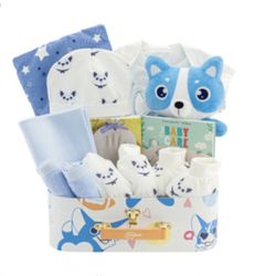 Bundle of Joy Baby Shower Gift Basket, Newborn Boy Welcome Box with Keepsake, Plush Toy, Pillow, Onesie Set & Mini Case, Blue *NEW In Open Packaging*