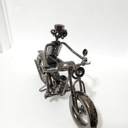 Handmade Metal Motorcycle Sculpture Rider Figurine Nuts & Bolts Art Collection
