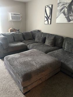 Large Grey Ribbed Corduroy Sectional Sofa with Ottoman