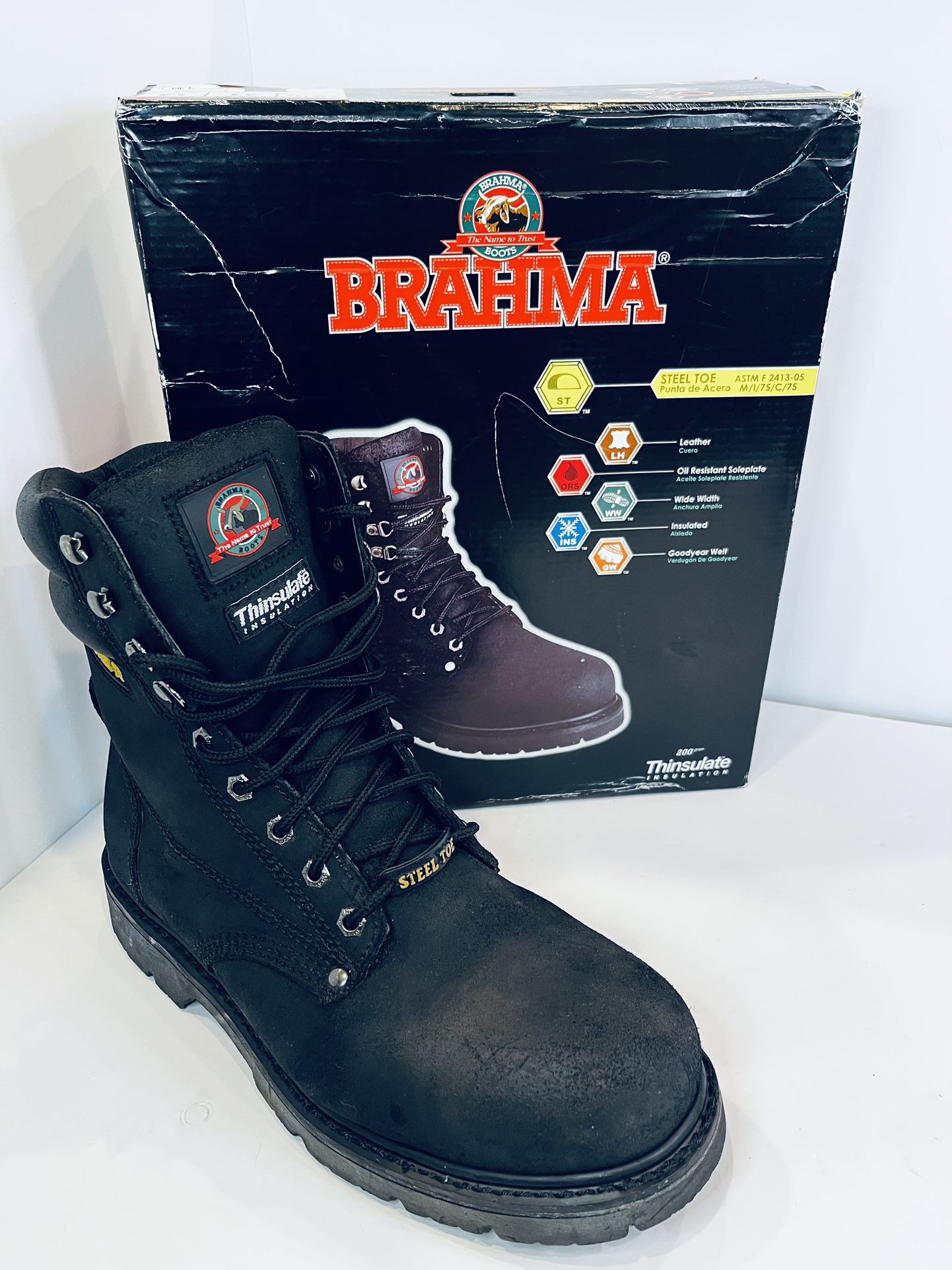 Brahma Black Iron Tough Steel Toe Boots Men’s 12 EW Thinsulate Leather
