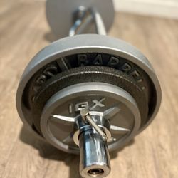 Triceps Bar With Vintage Cast Iron Weight Plates  25s  Plus  10s And  5s [ Total Weights: 100 lbs]