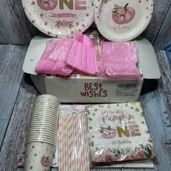 192 Pc Our Little Pumpkin is Turning One 1st Birthday Tableware.Ships In 24 Hr.