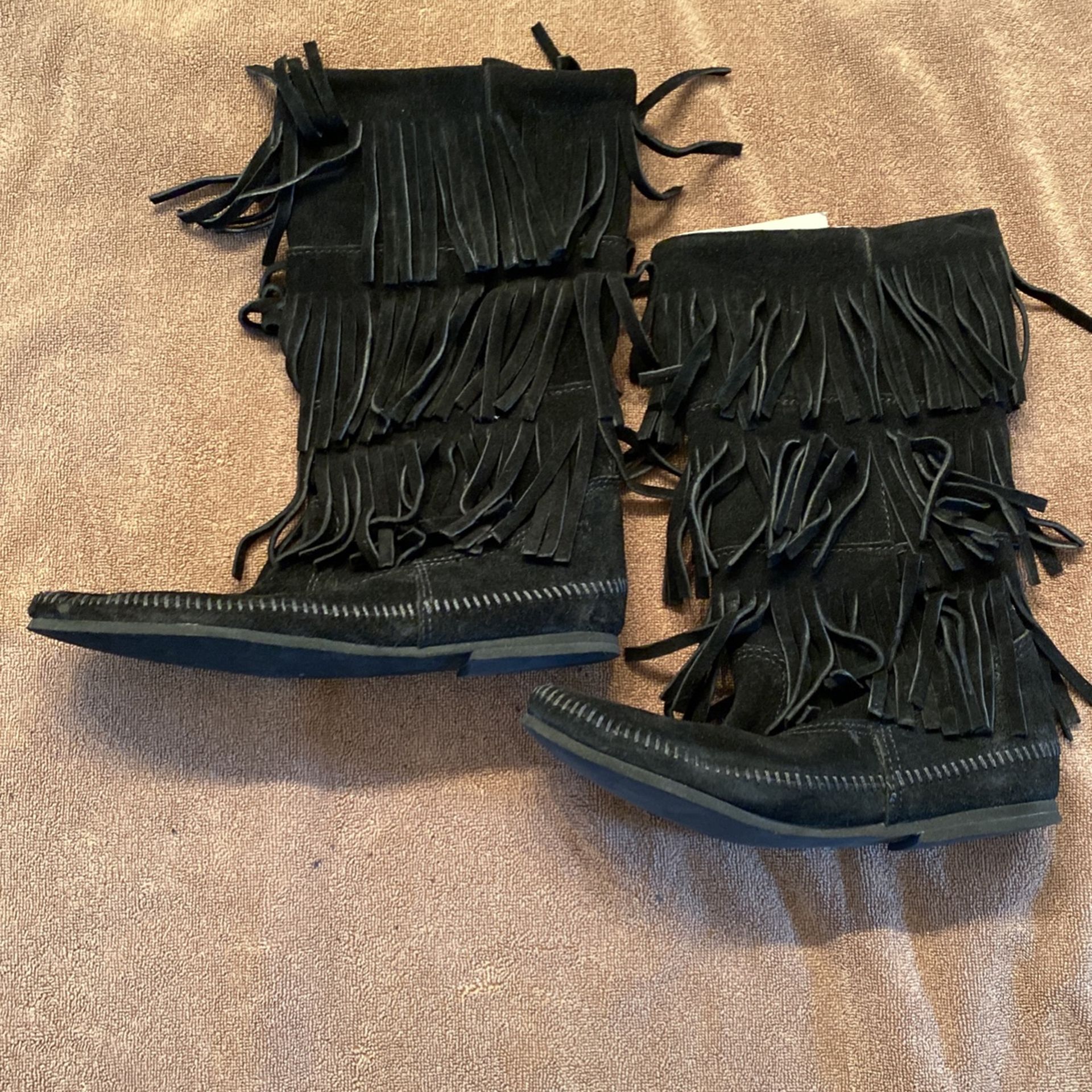 Ladies Black Suede Fringed Flat Boots