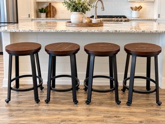 Set of 4 Industrial Wood and Metal Bar Stools