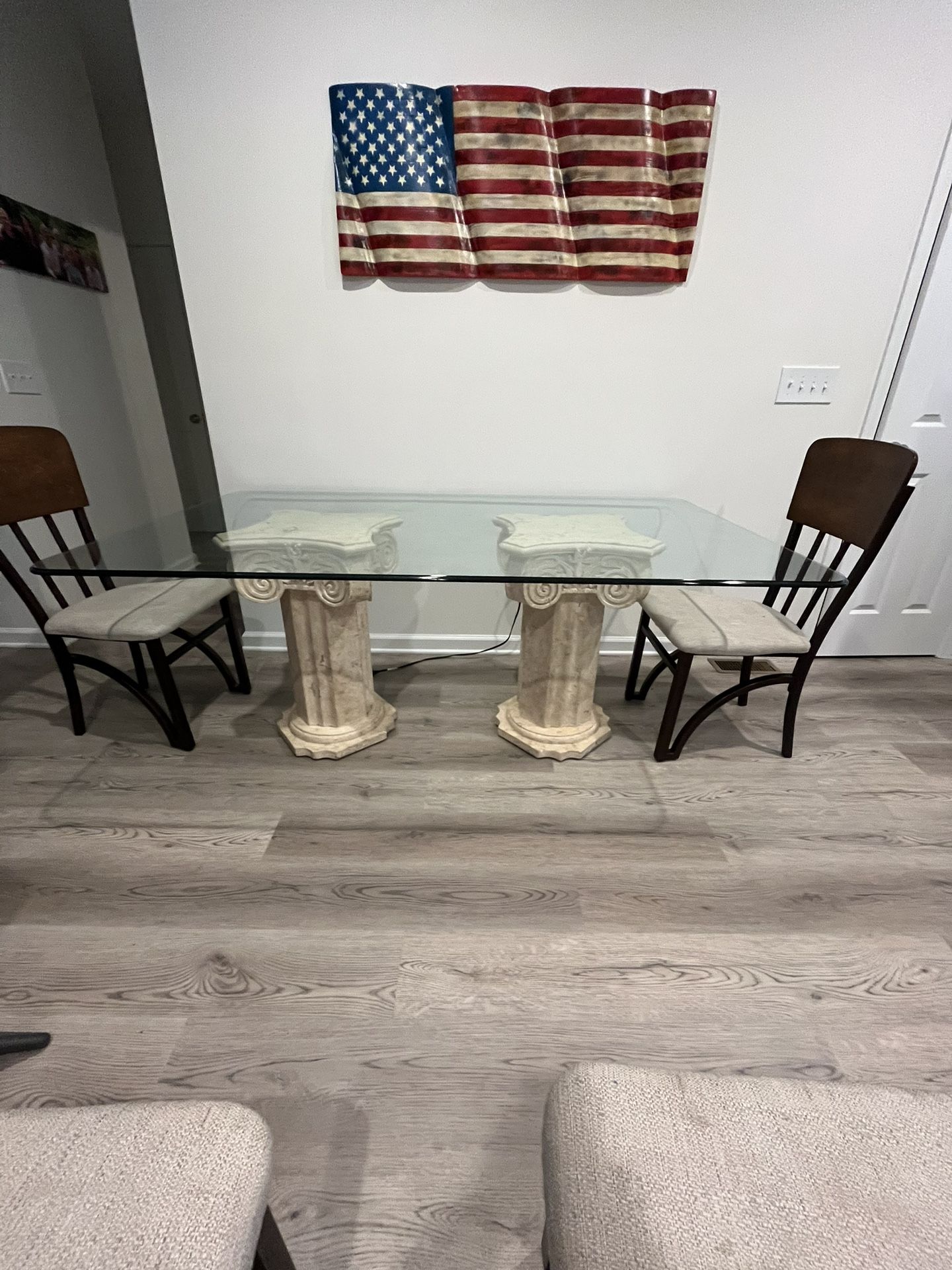 Glass dining room table and six chairs