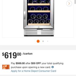 15 in. Wine Cooler Refrigerator, Wine Fridge Single Zone Freestanding for 30-Bottles in Stainless Steel with Blue LED.