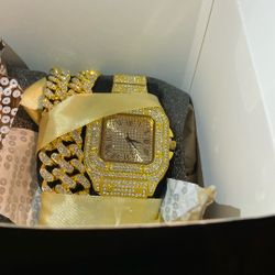 Lab diamond watch and Cuban link at 18 inch or 26 inch real gold plated