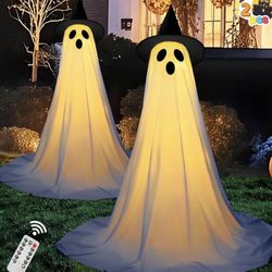 2 Packs 47'' Halloween Decorations Outdoor Standing Ghost, Light Up Spooky Ghost with Witch Hat & Remote Control, Glowing Halloween Decor for Yard Por