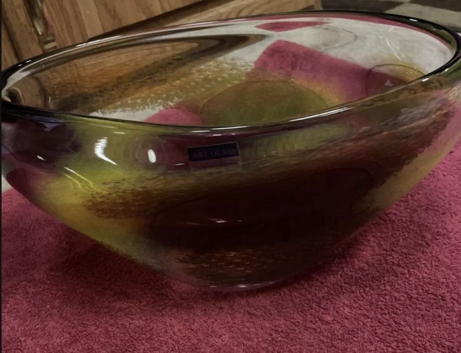 Vintage RARE Signed R. Pell Hand Blown Art Glass Vase Bowl Heavy Decor