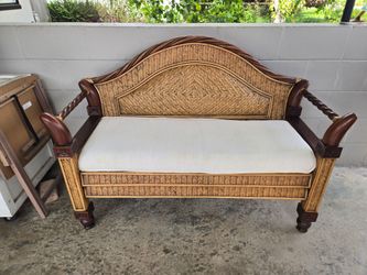 Rattan & Wood Settee Bench with Cushion Loveseat