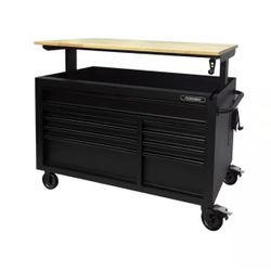 Husky 52 in. W x 25 in. D Heavy Duty 9-Drawer Mobile Workbench Cabinet with Adjustable-Height Hardwood Top in Matte Black