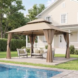 Aoxun 12'x10' Gazebo with Double Roof & Mosquito Netting, Beige Outdoor Heavy-Duty Party Tent, Patio Tent with Zipper Screens for Backyard Garden Lawn