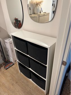 White 3-Tier Storage Shelf with 6 Black Fabric Bins