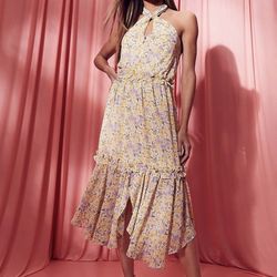 Floral Print Halterneck Midi Dress, Yellow, Size 10