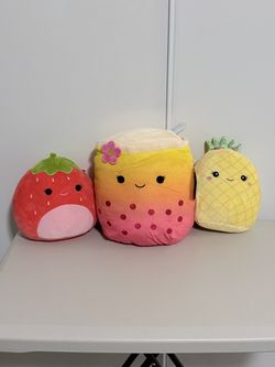 Cute 3-Piece Fruit & Boba Tea Squishmallow Lot - New & Like New!