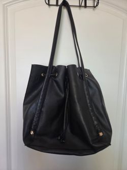 Black Faux Leather Drawstring Bucket Bag