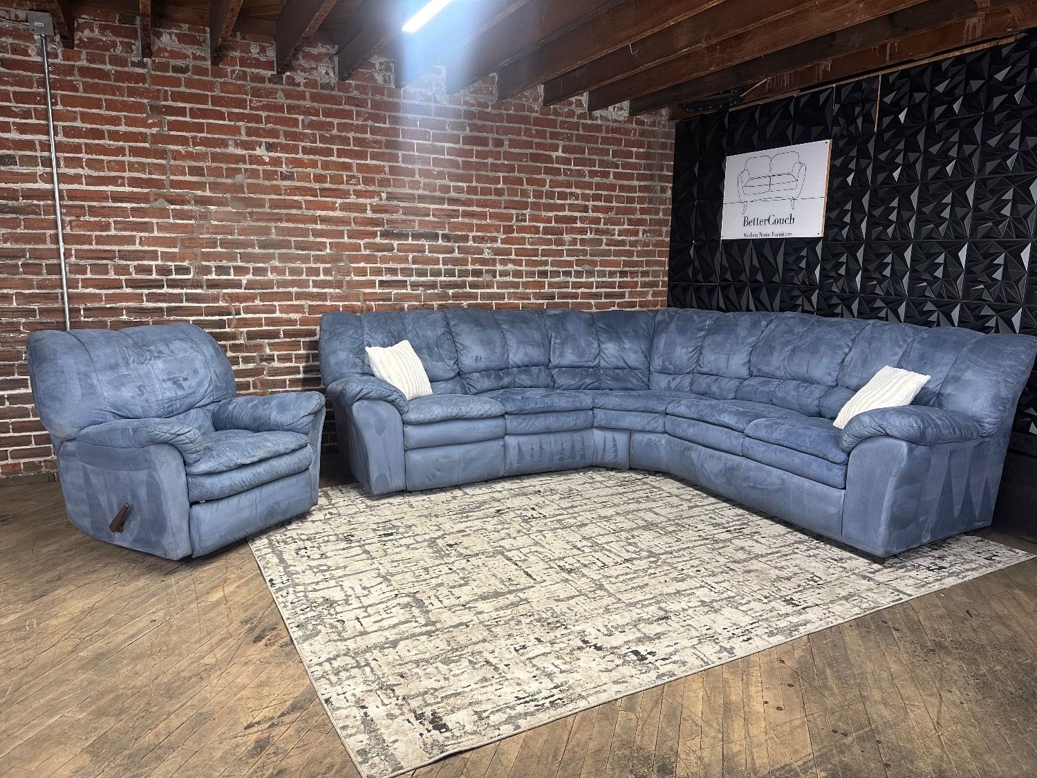 Free Delivery-Blue L shape sectional sofa couch w recliner chair