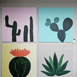 Set of 4 Large Modern Cactus Canvas Paintings (3ft x 3ft)