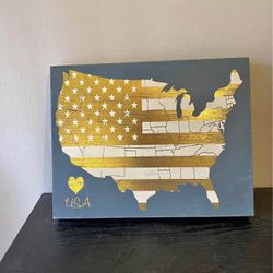 Cute Blue & Gold “USA” Wooden Flag Wall Art (14” x 11”)