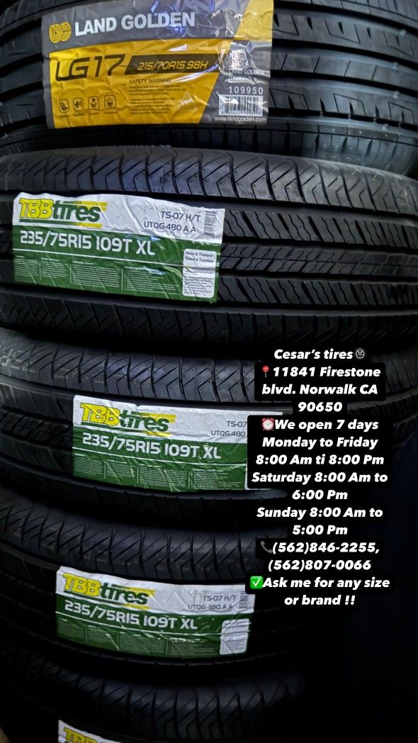 235/75R15 TBB HT A SET OF FOUR NEW TIRES, INCLUDES MOUNTING AND BALANCING WITH WARRANTY, ASK ME FOR ANY SIZE OR BRAND, WE HAVE THE BEST PRICES!!