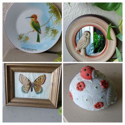 Woodland Friends (4 Items) Bird Plate, Owl Mirror, Butterfly Picture, Ladybug Trinket Holder