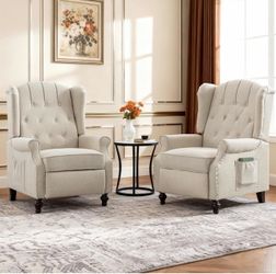 Set of 2, Push Back Recliner Chair with Massage and Heat, Mid Century Tufted Fabric Wingback Chair with Rivet Decoration for Living Room, Bedroom, Bei