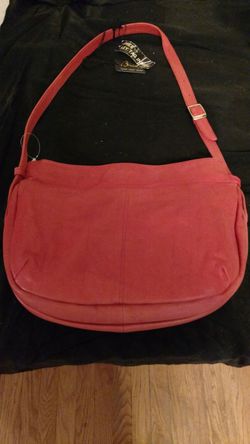 Red leather handbag