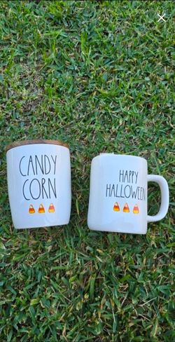 Rae Dunn candy corn cellar and mug