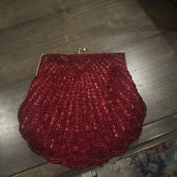 Vintage 1980s Red Beaded Shell Clutch Evening Purse – Possibly Inge Christopher – Excellent Condition 