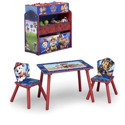 Paw patrol table, 2 chairs and toy organizer 