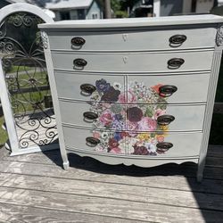 Hand Painted Solid Wood 5 Drawer Floral Dresser And Choice Of Mirror Set 