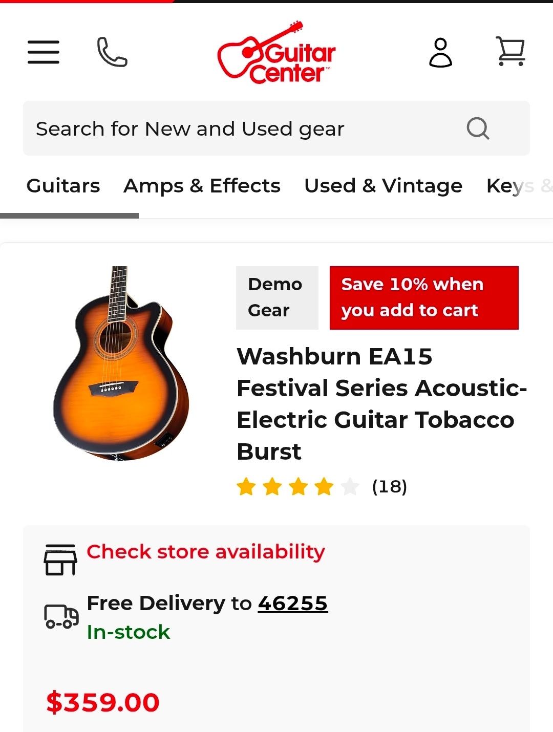 Washburn EA15 Festival Series Acoustic-Electric Guitar Tobacco Burst