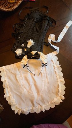 Black Jacquard Corset Maid Costume Complete Set Headband Garter Apron Small-Large