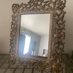 Antique Tabletop Ornate French Bronze Mirror With Easel