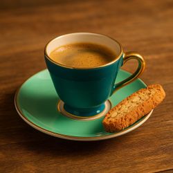 Prince Macaroni Italy Lowell Mass 1960’s Teal Mint Gold Trim Espresso Cup Saucer