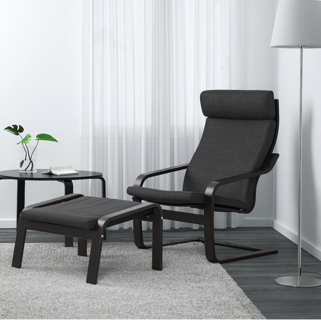 POÄNG Armchair and ottoman, black-brown/Hillared anthracite