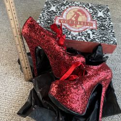 Bordello Showstopper Red Glitter Platform Heels – Size 6 – With Box