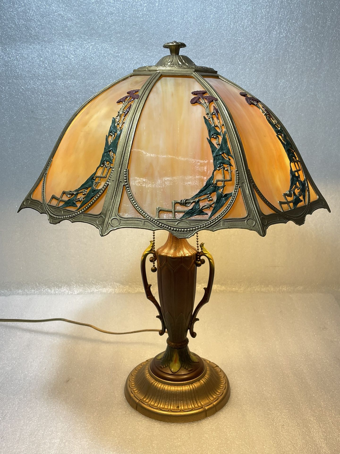Rare Antique Rainaud ~ 8 Panels Bent Slag Glass 22" Table Lamp ~ Double Socket