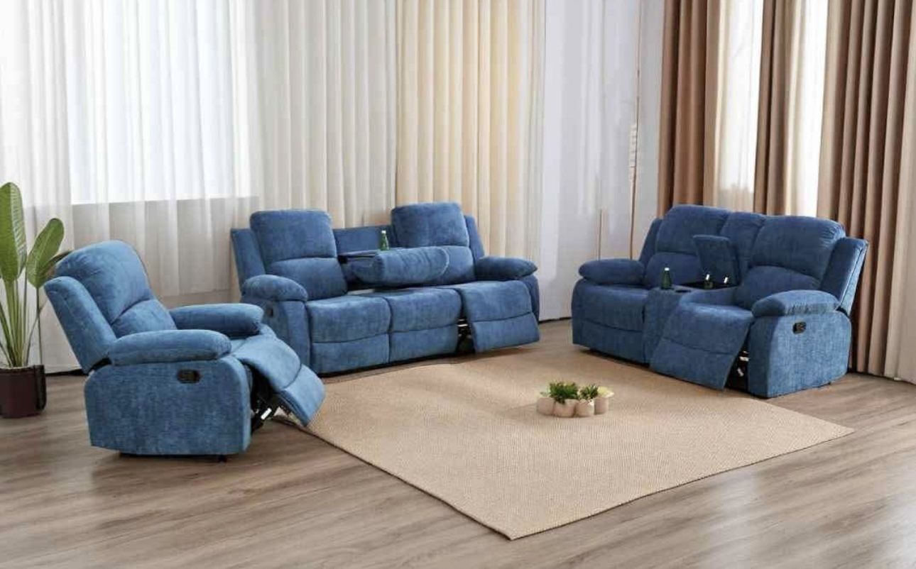 Blue Microfiber Fully Reclining Three Piece Couch Set