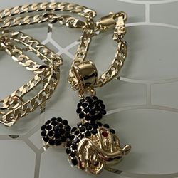 Mickey Pendant With Chain Necklace 18” 3mm Black Rhinestones 