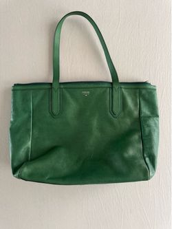 Fossil Green Leather Tote Bag Large Zip Top Shoulder Bag