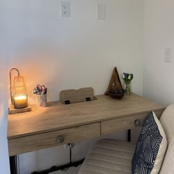 Loring Wood Writing Desk with Drawers and Charging Station Oak