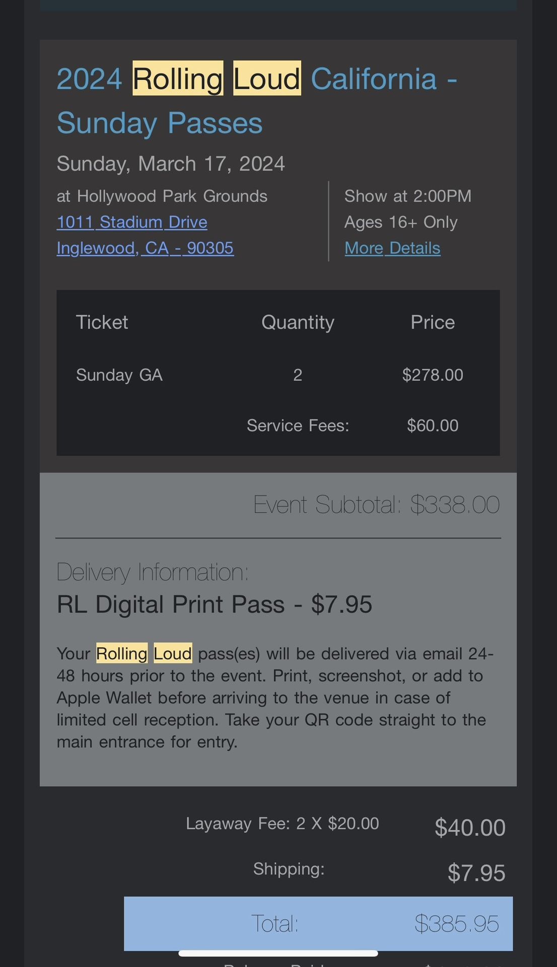 GA ROLLING LOUCD TICKET FOR SUNDAY 