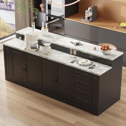 94.5" W Stationary Kitchen Island Storage Cabinet with Built-in Power Outlet, 2 Countertop, Adjustable Shelves & 3 Drawers for Dining Room, Black & Ma