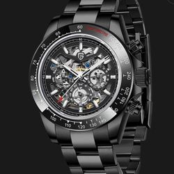 PAGANI DESIGN Black Skeleton 40mm automatic mens watch with gunmetal bracelet
